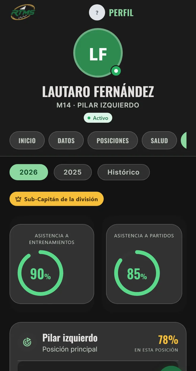 Perfil de un jugador M14, pilar izquierdo, temporada 2026: sub-capitán de la división, 90 % de asistencia a entrenamientos y 85 % a partidos.