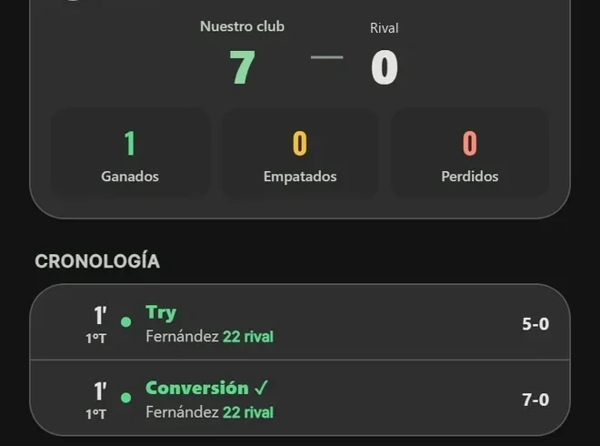 Estadísticas del partido en la app: resultado 7 a 0 contra el rival y la cronología minuto a minuto, con el try y la conversión del primer tiempo.