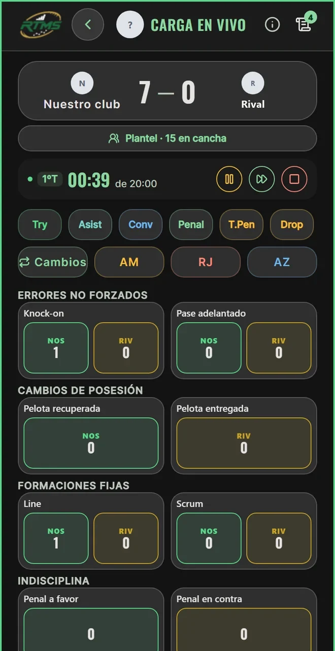 Pantalla de carga en vivo: marcador 7 a 0 contra el rival, reloj del primer tiempo, botones de try, conversión, penal y drop, tarjetas, y contadores de errores, posesión y formaciones fijas.